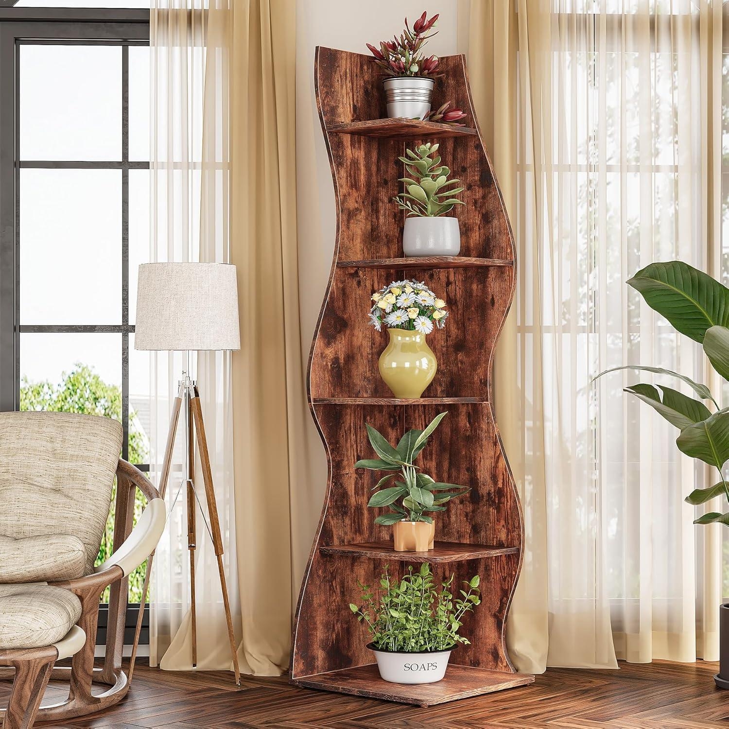 Corner Bookcase Brown Rustic Wavy Side Panels Boho Shelf