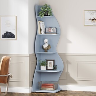 Corner Bookcase Dust Blue Wavy Edges Storage Shelf Matte