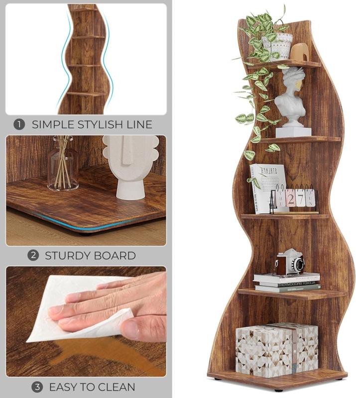 Corner Bookcase Easy Clean Walnut Wood Grain Shelving