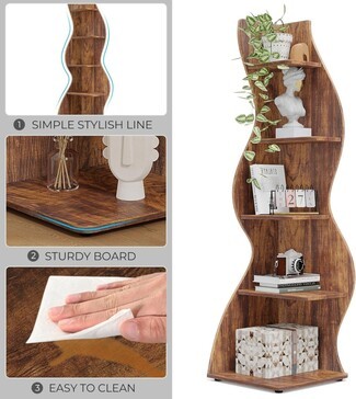 Corner Bookcase Easy Clean Walnut Wood Grain Shelving