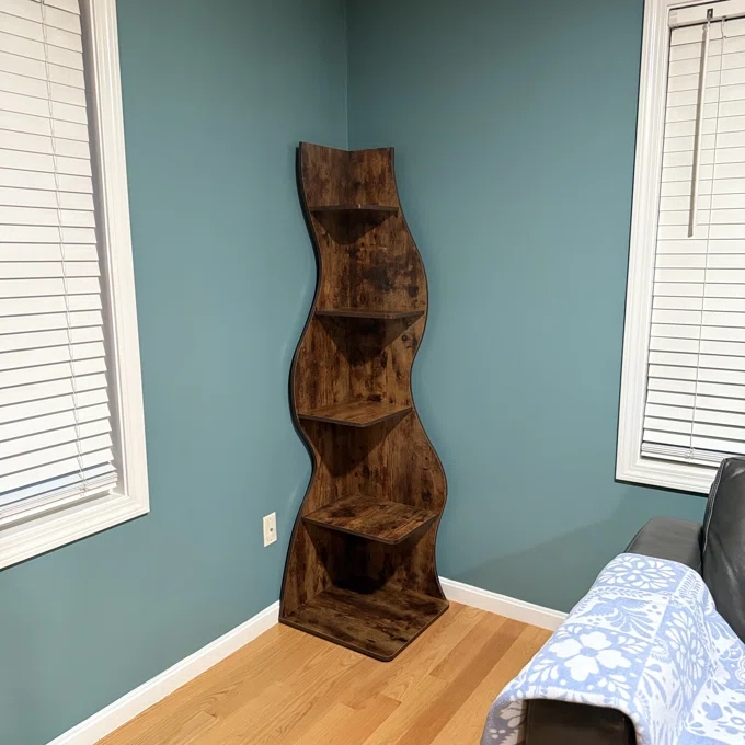 Corner Bookcase Fan-Shaped Shelves Rustic Brown Wood