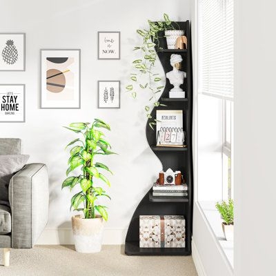 Corner Bookcase Matte Black Sculptural Black Bookcase Wavy