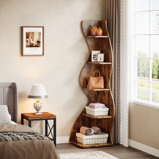 Corner Bookcase Rustic Brown Wavy Edge Rustic Wood Grain
