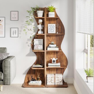 Corner Bookcase S-Shaped Divider Walnut Wood Tone
