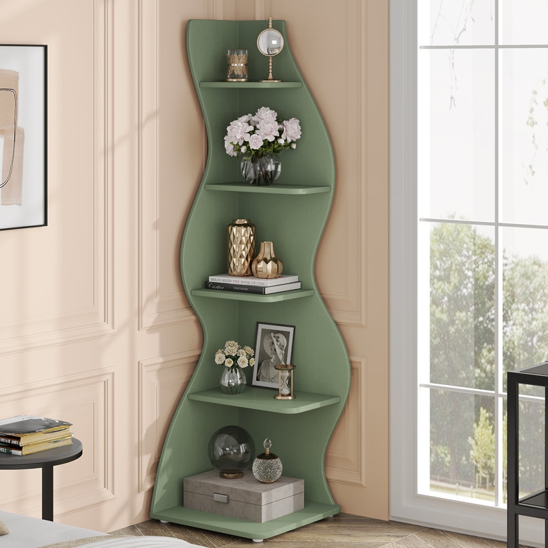 Corner Bookcase Sage Green Wavy Sides Curved Silhouette