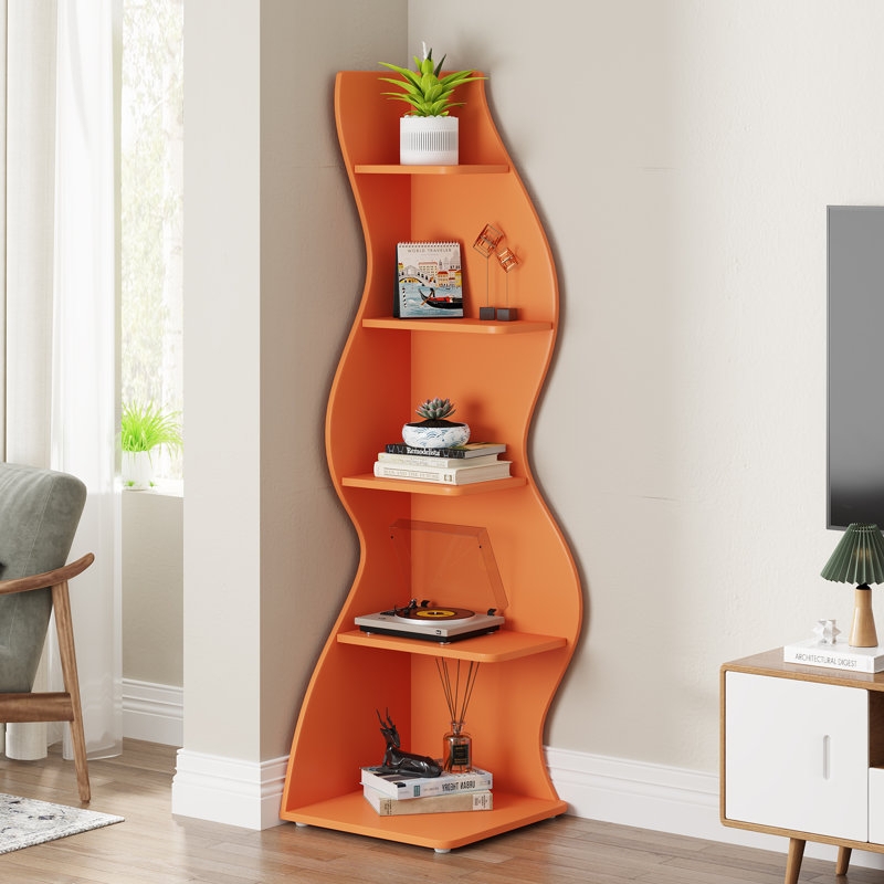 Corner Bookcase Vibrant Orange Wavy Side Panels Matte