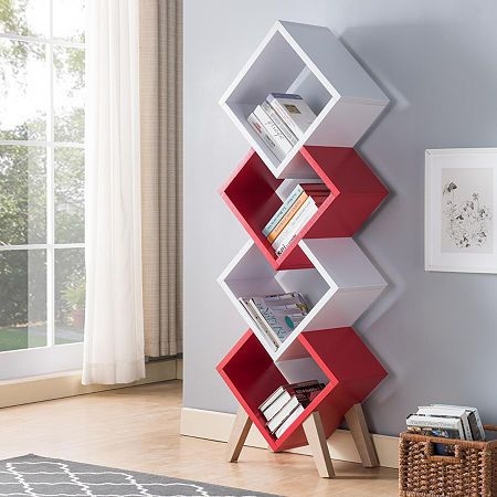 Corner Bookcase Vibrant Red Diamond Modules Splayed Legs