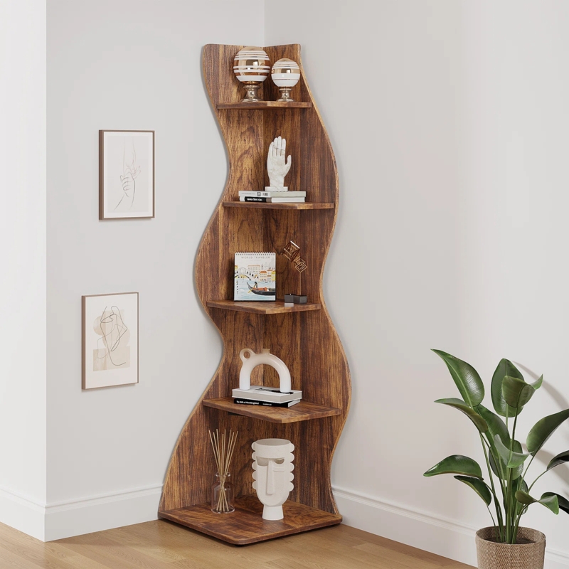 Corner Bookcase Walnut Brown Undulating Vertical Shelf