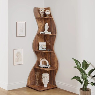 Corner Bookcase Walnut Brown Undulating Vertical Shelf