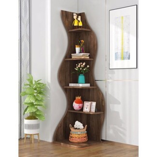 Corner Bookcase Walnut Matte S-Shaped Display Unit Open Back