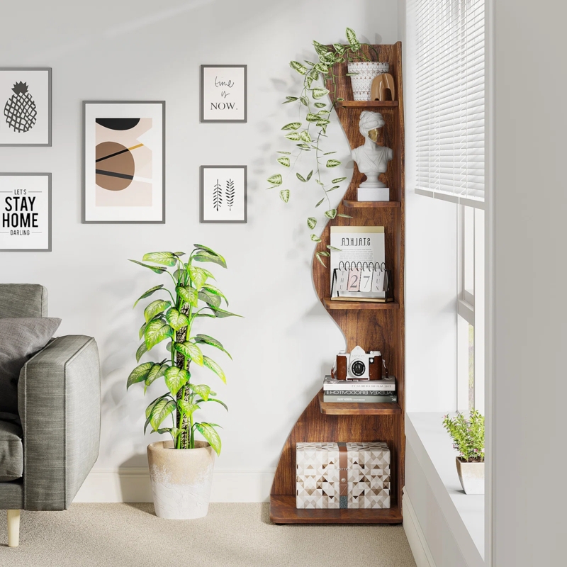 Corner Bookcase Walnut Wood Asymmetrical Display Unit