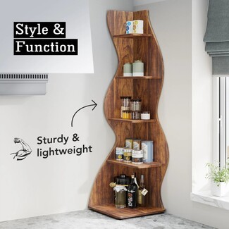 Corner Bookcase Warm Brown Undulating Profile Spice Rack