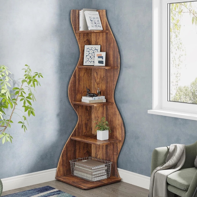 Corner Bookcase Wood Tone Undulating Sides Matte Walnut