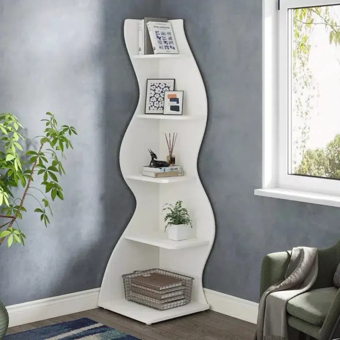 Corner Bookshelf Crisp White Sculptural Display Shelf