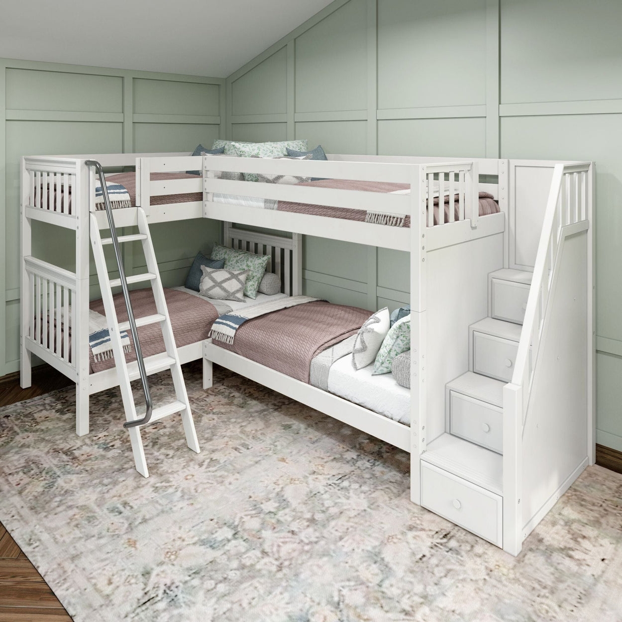 Corner Bunk Bed: Quad Design Angled Ladder Quadruple Bunk Bed