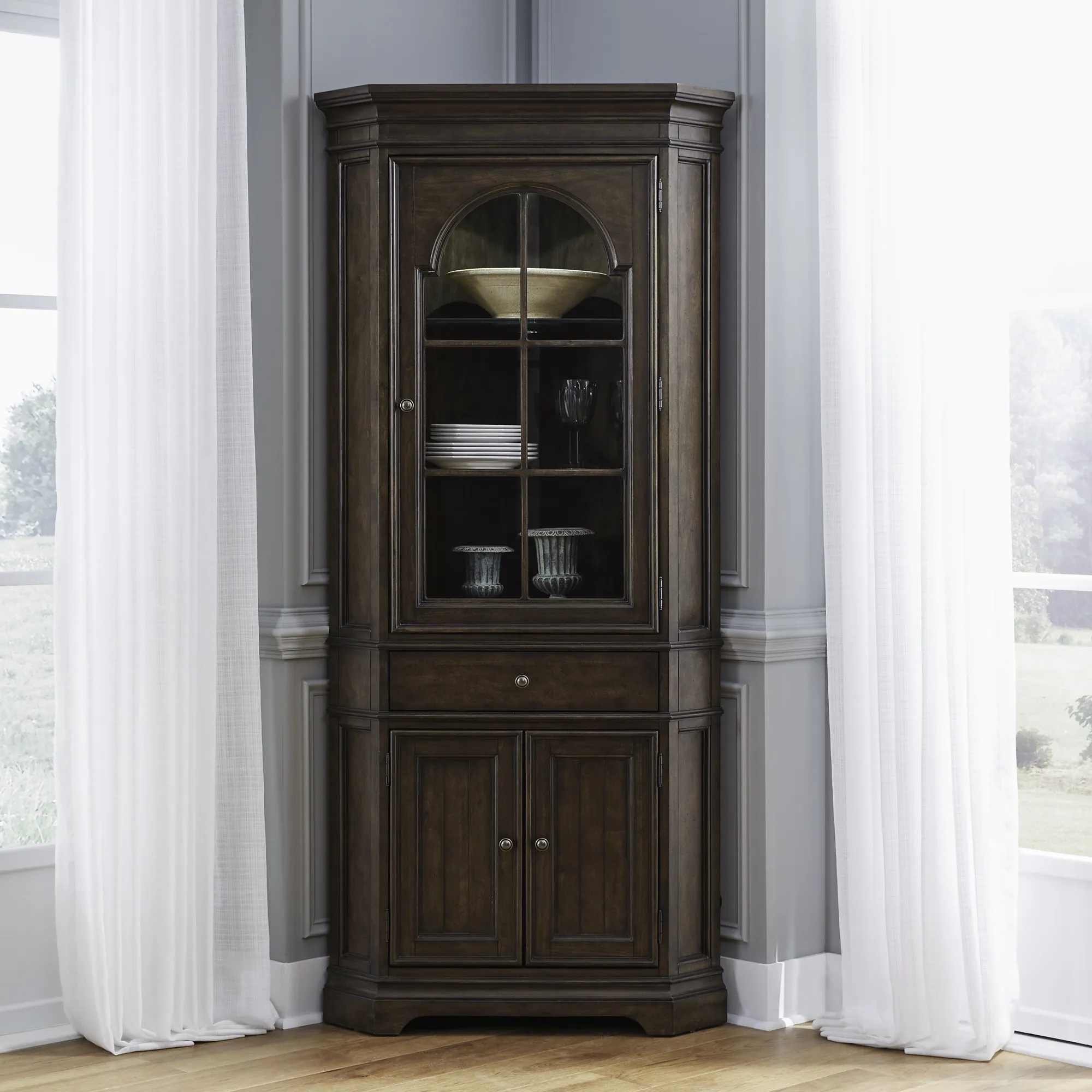 Corner Cabinet with Arched Glass Door and Cherry Wood