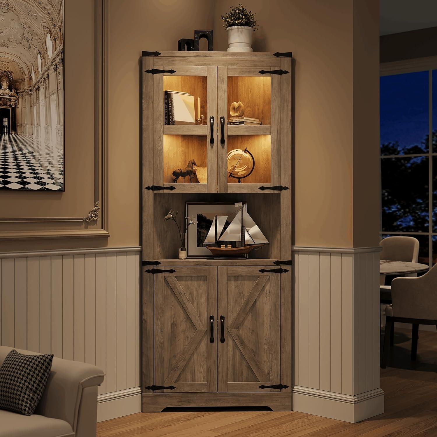 Corner Cabinet with Built-In Lighting in Washed Grey