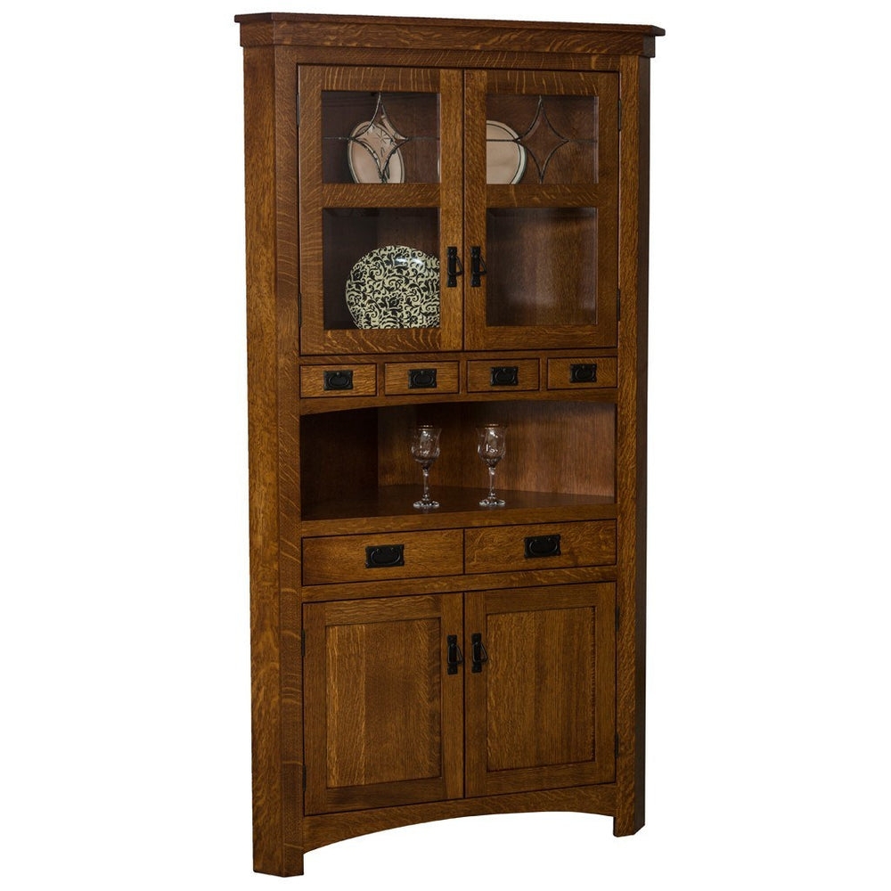 Corner Cabinet with Leaded Glass and Open Display Shelf