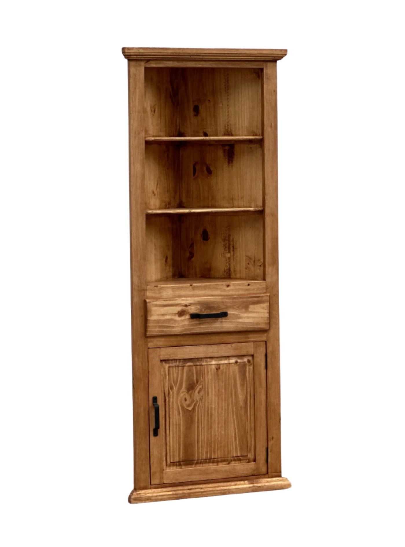 Corner Cabinet with Visible Knots and Rustic Storage