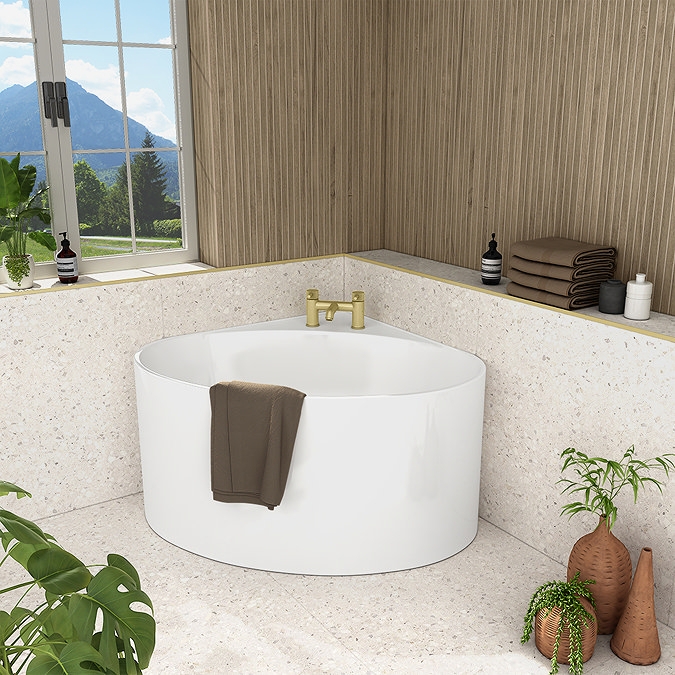 Corner Freestanding Bath with Gold Tap and Terrazzo Styling