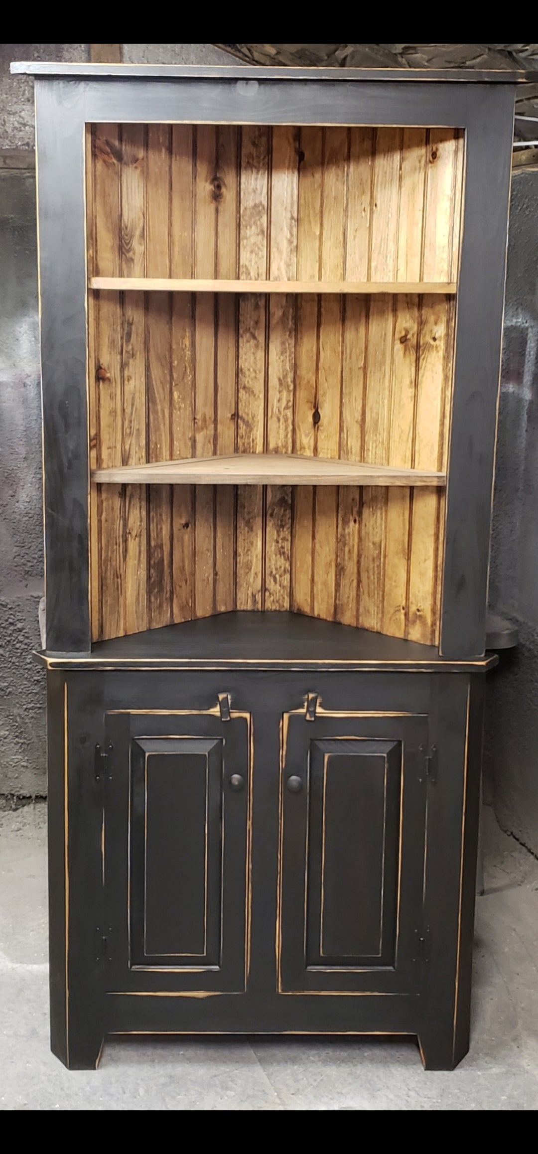 Corner Hutch in Distressed Black Finish and Wood Back