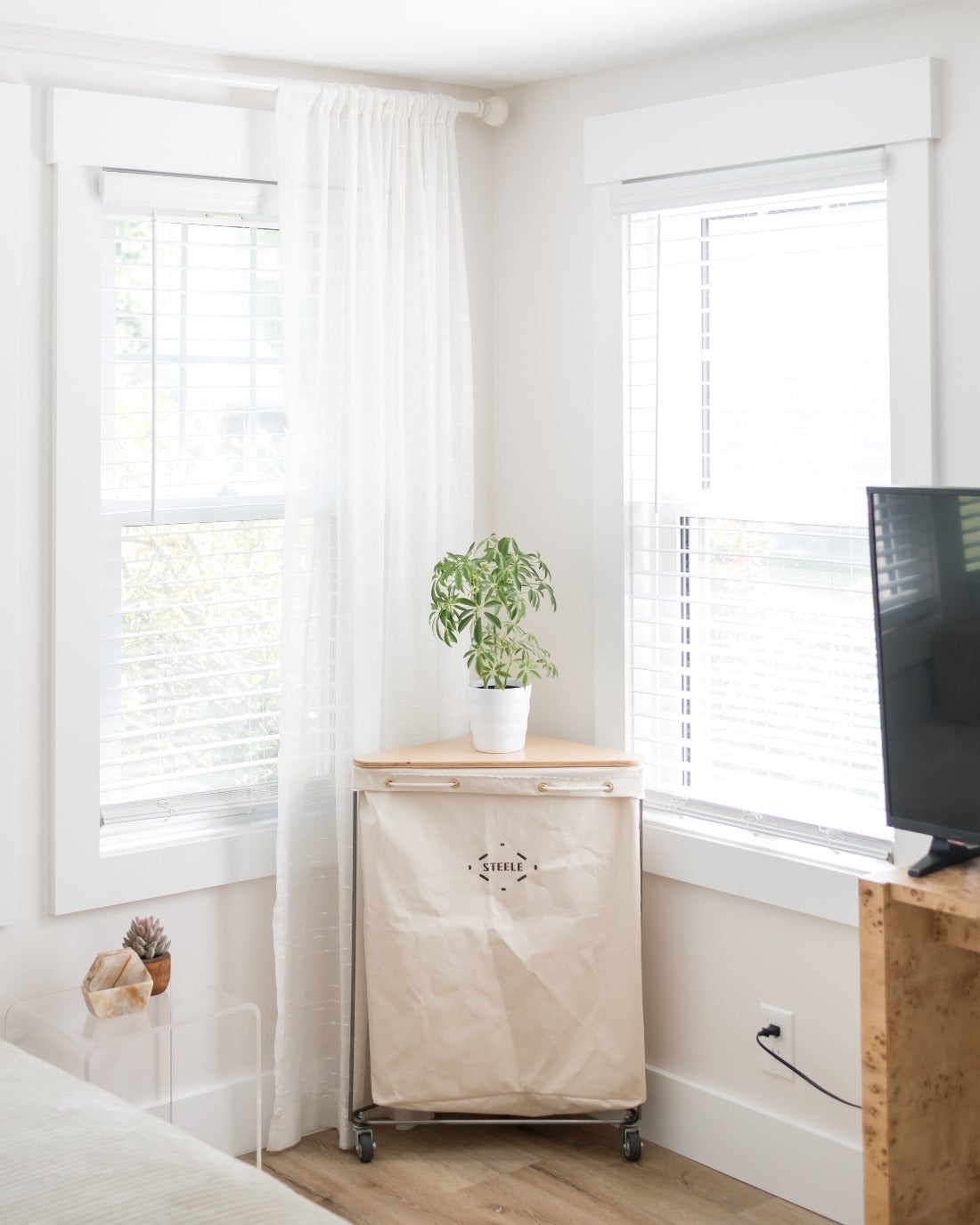 Corner Laundry Basket: Industrial Casters rolling corner basket