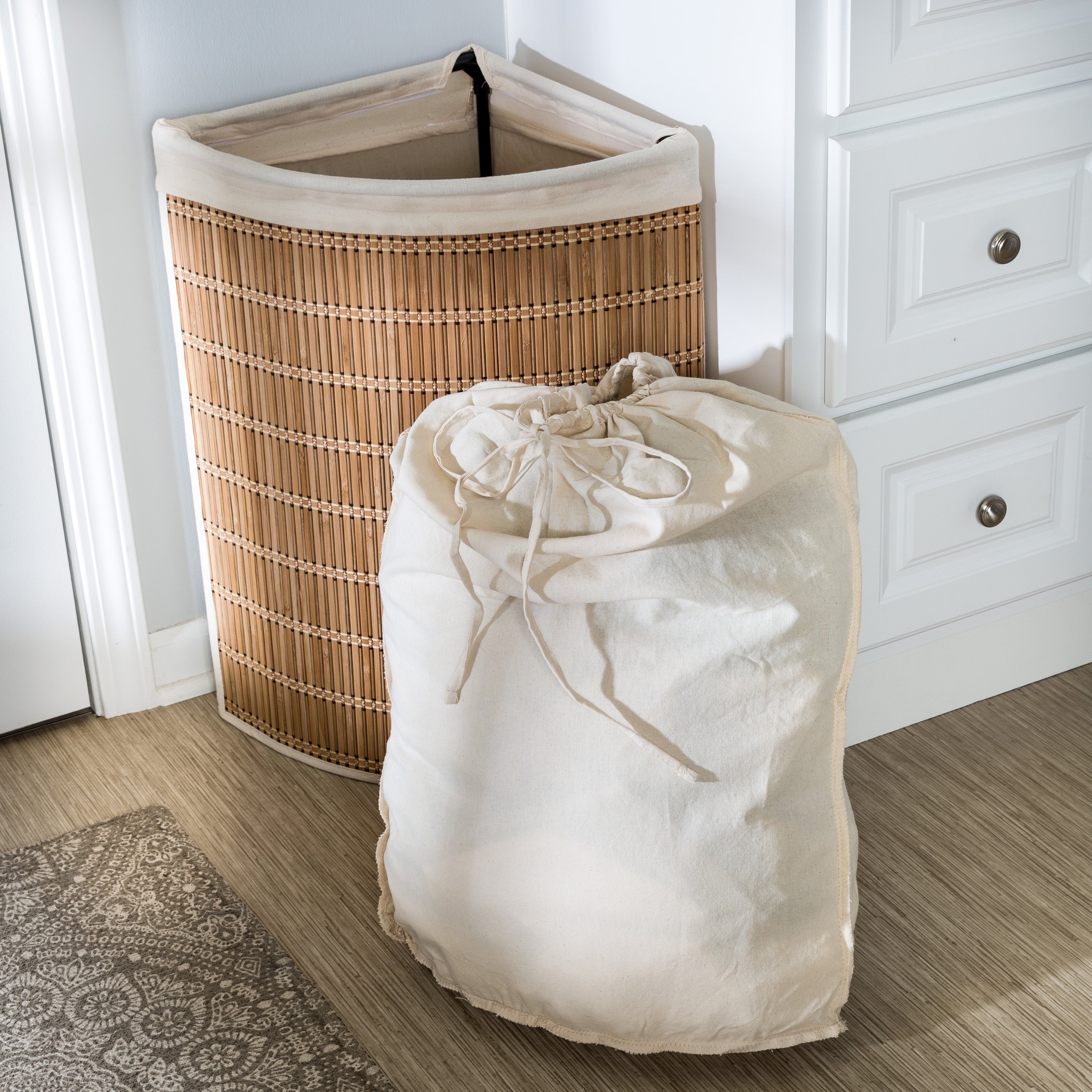 Corner Laundry Hamper: Bamboo Wood Slat natural wood corner storage
