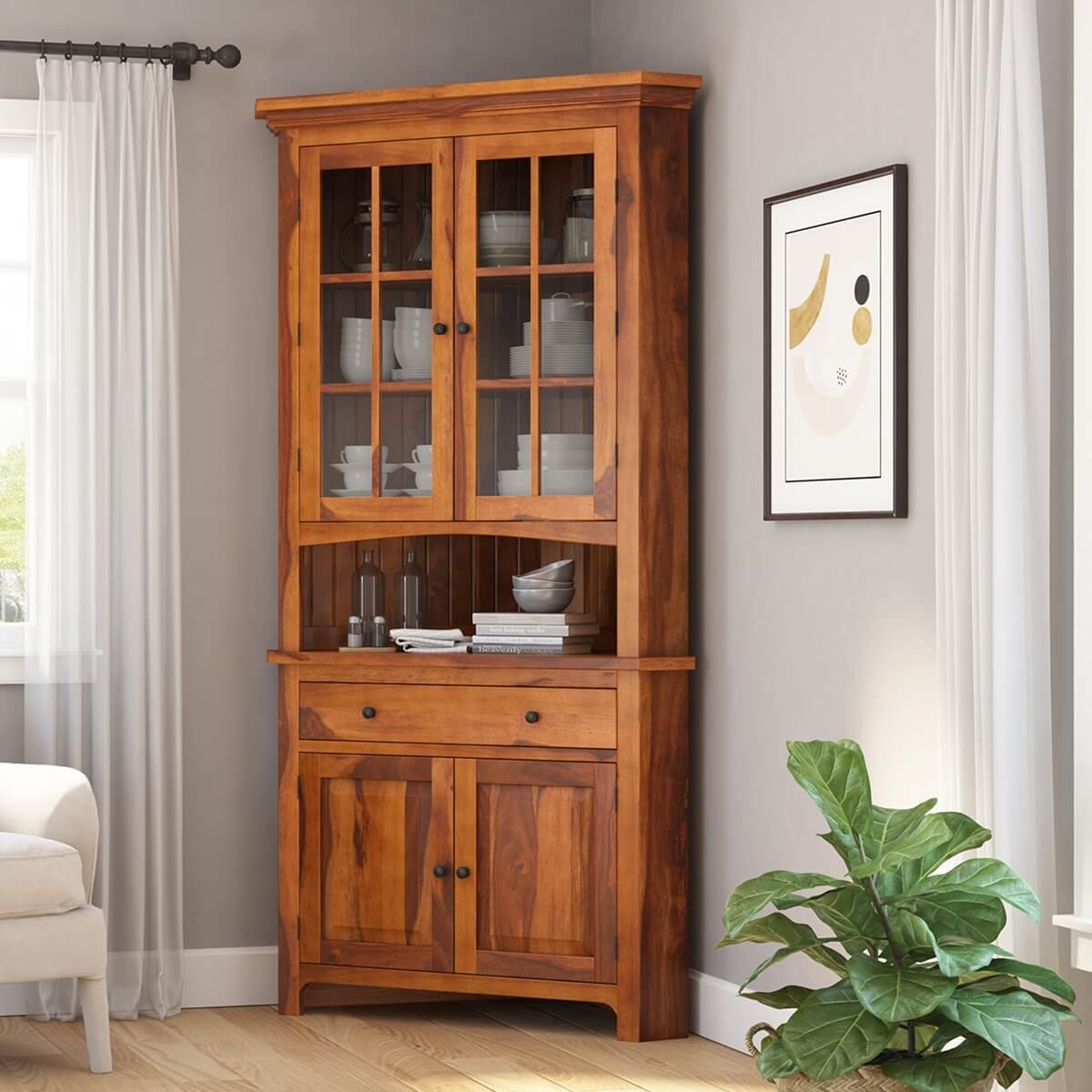 Corner Pantry Cabinet with Open Hutch Niche and Glass