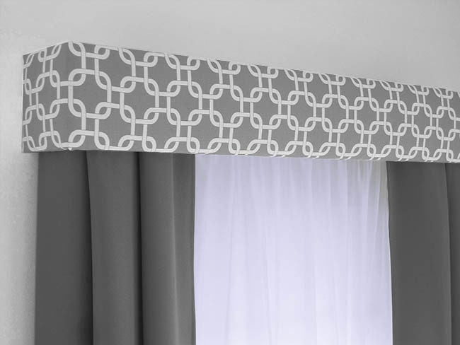 Cornice Board: Grey Interlocking Chain Pattern Custom Box Valance