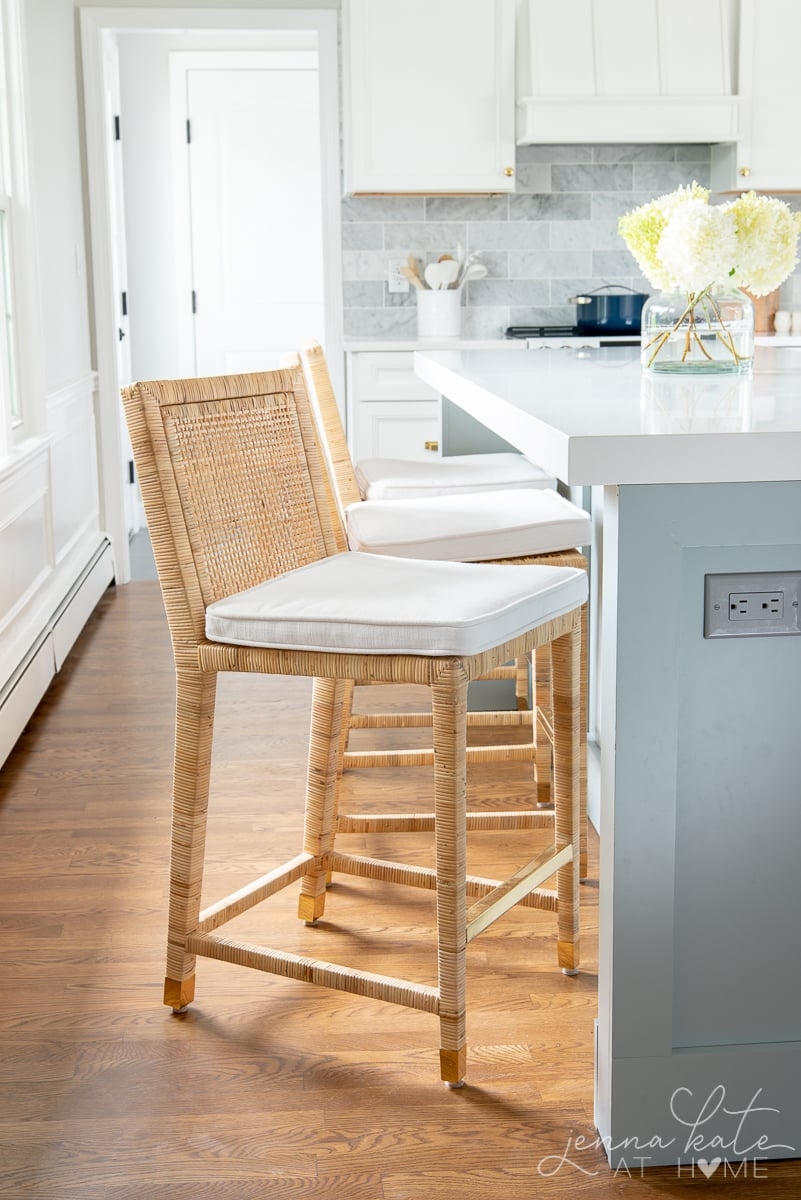 Counter Stool featuring Rattan Cane and Brass Toned Metal