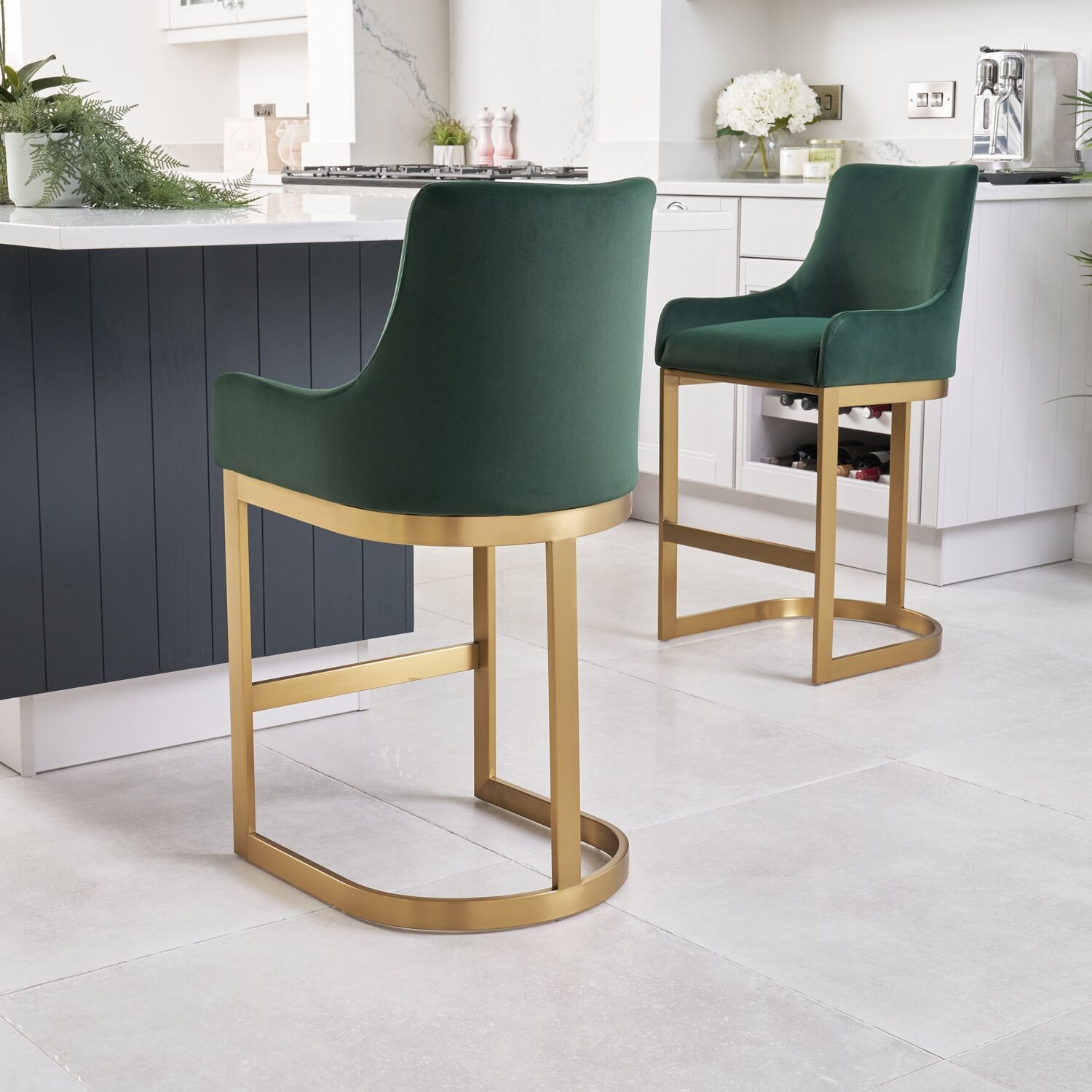 Counter Stool Forest Green Gold Sled Base Barstools Luxury