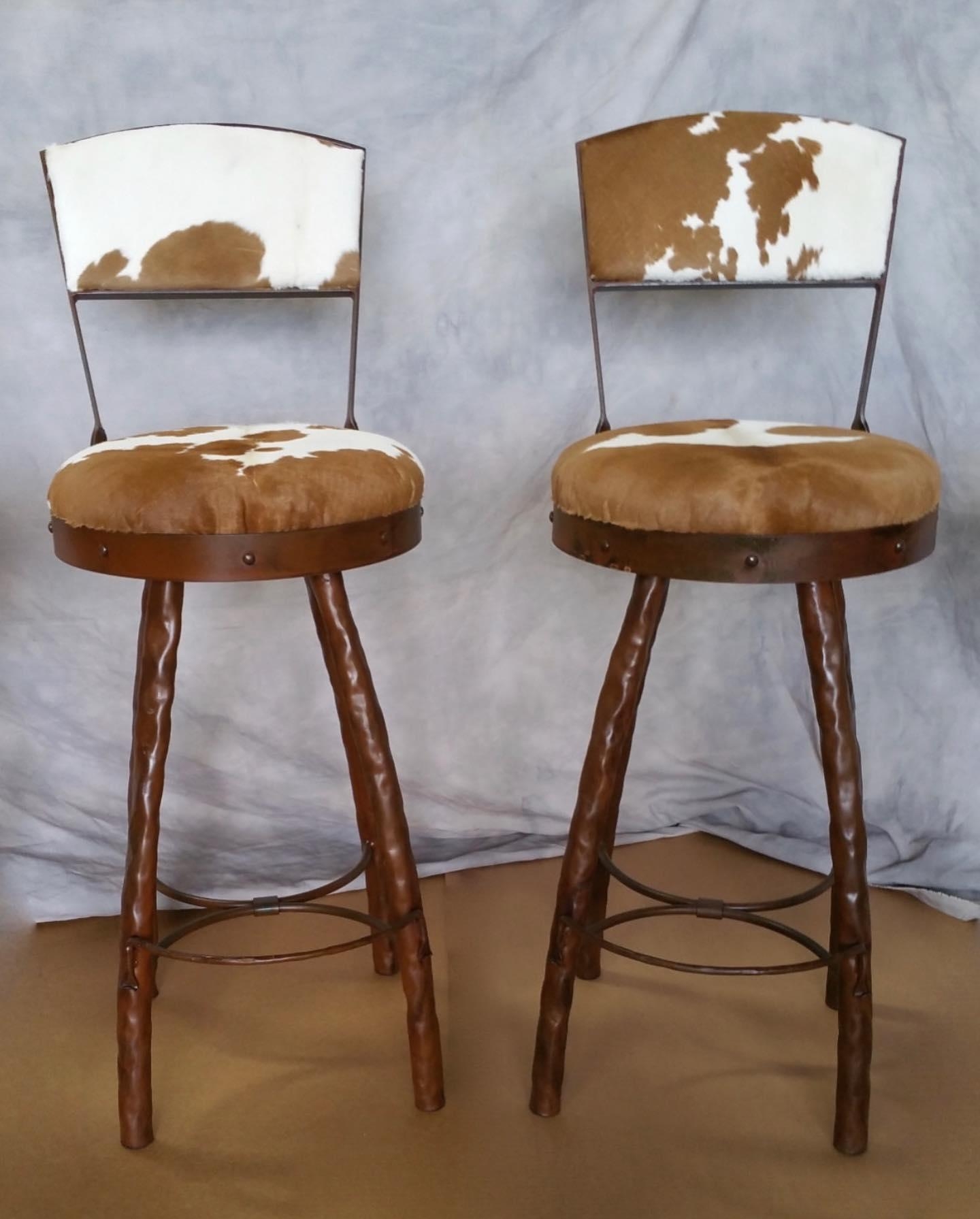 Counter Stool: Forged Iron Twig Leg Cowhide Seating