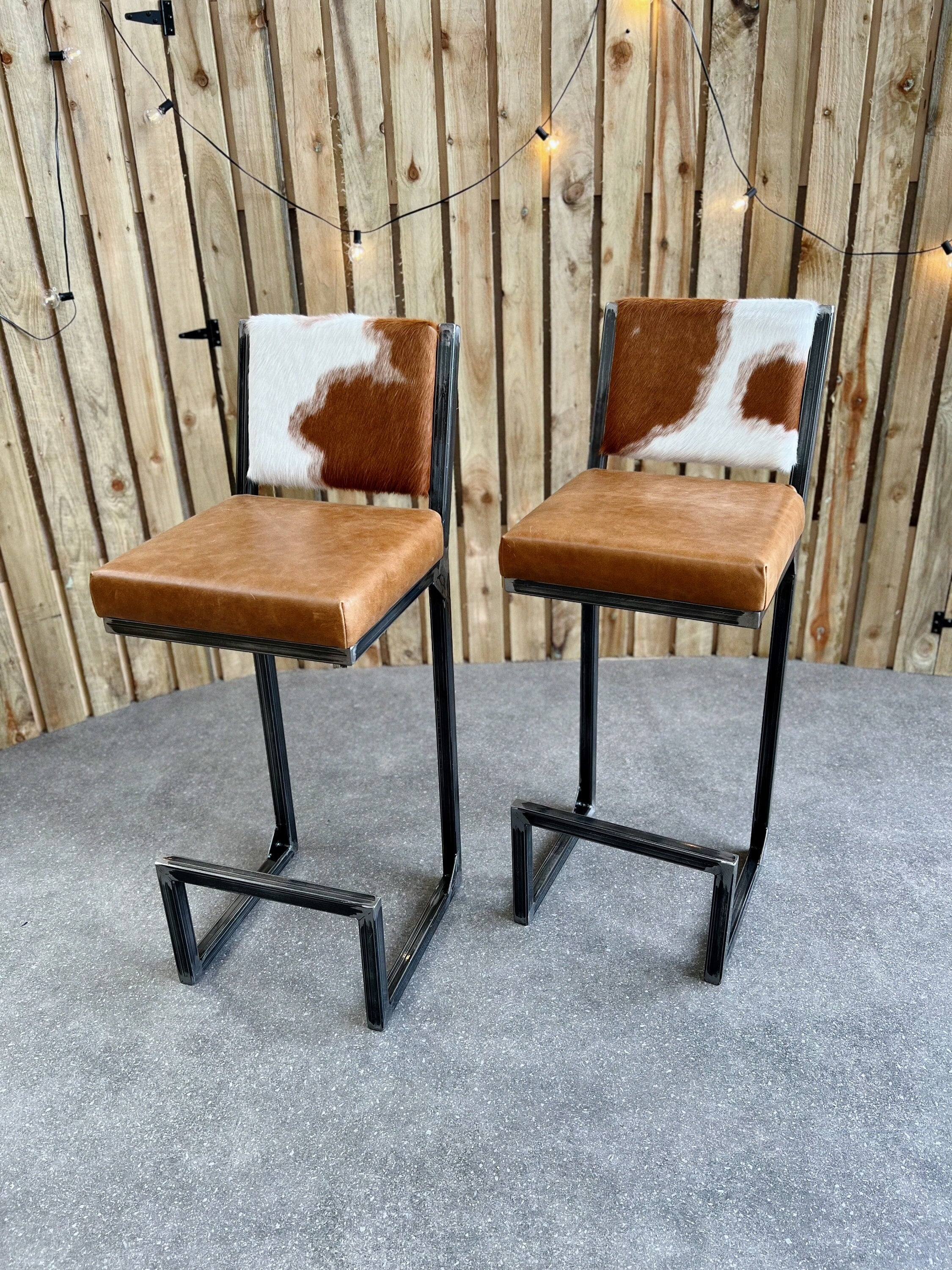 Counter Stool: Industrial Cantilever Cowhide Back Stool