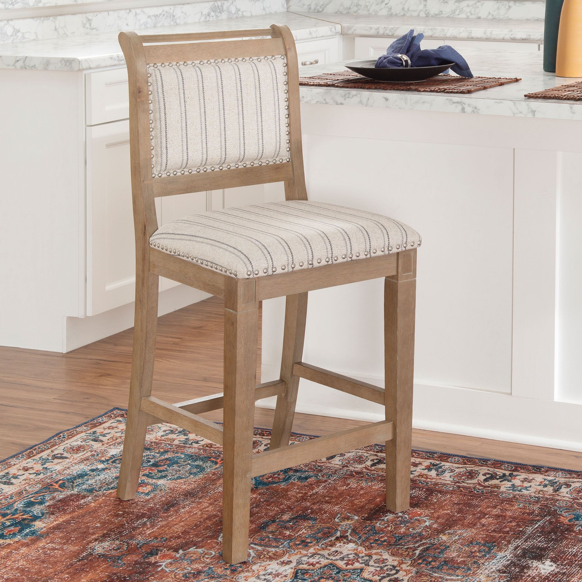 Counter Stool with Pinstripe Fabric and Nailhead Detail