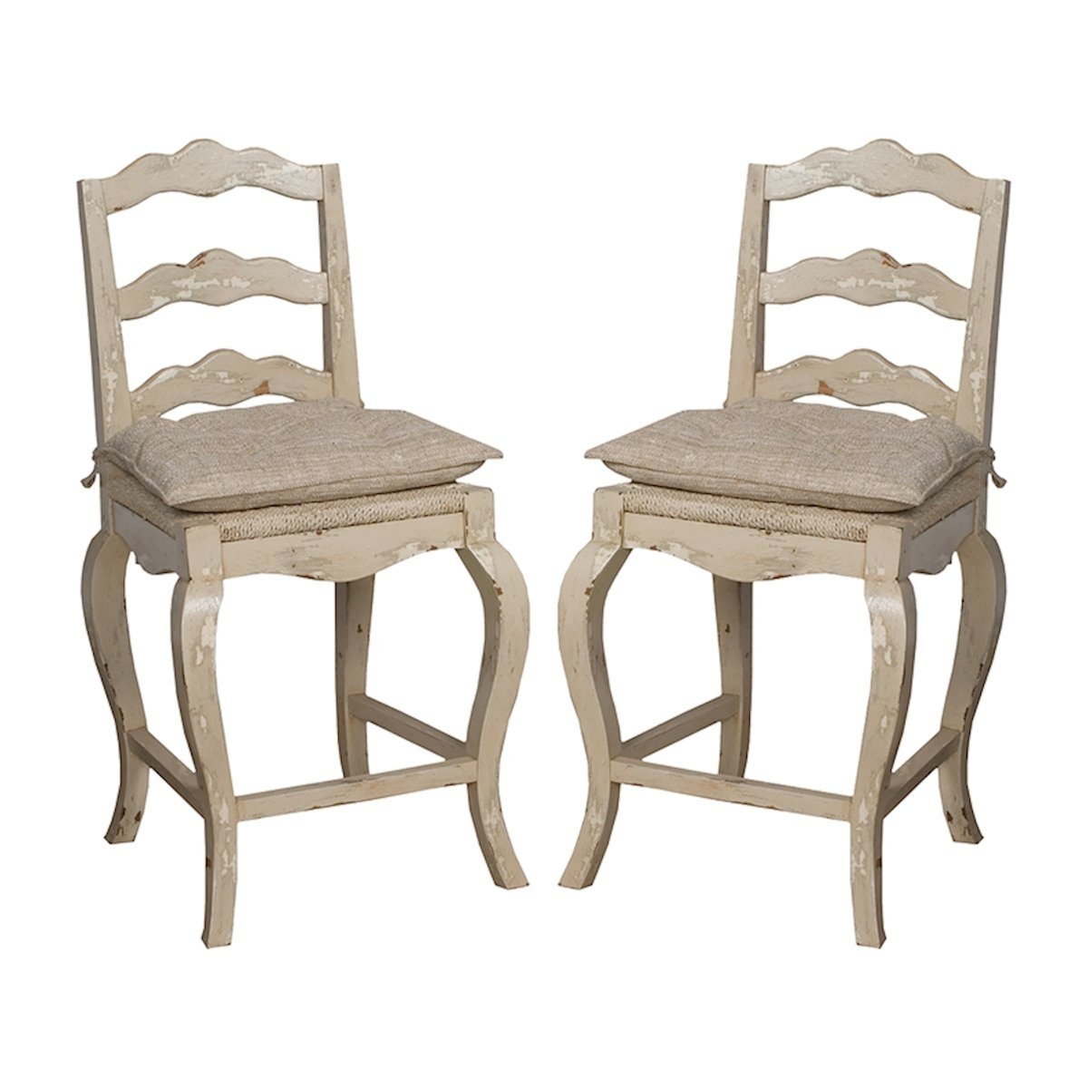 Counter Stool with Scalloped Slats and Woven Rush Seat