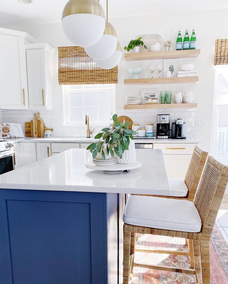 Counter Stool with White Seat Cushions on Blue Island Contrast