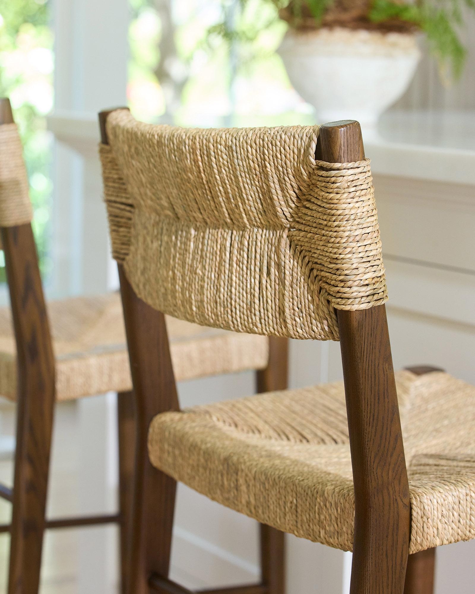 Counter Stool with Woven Backrest Wrap and Dark Wood Frame
