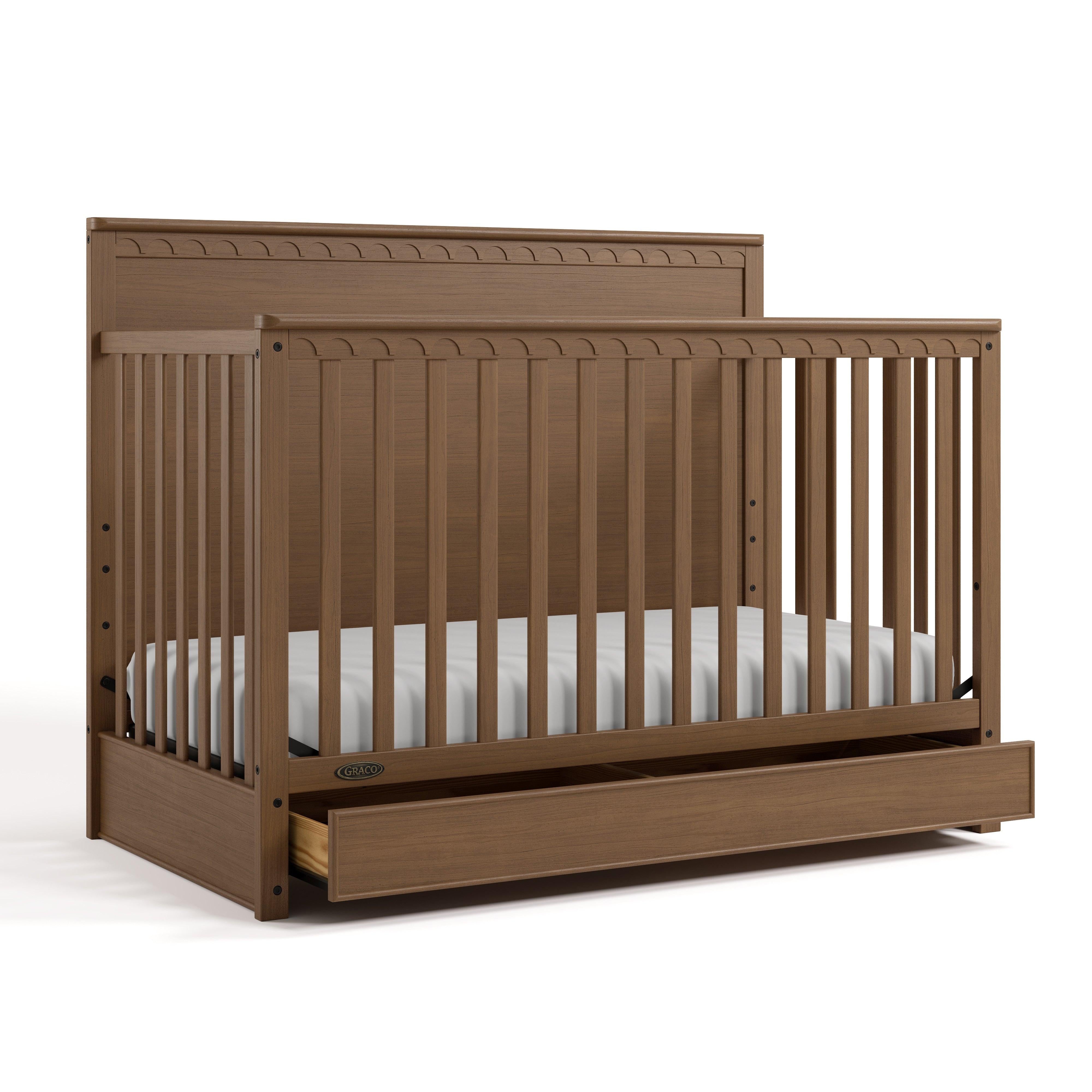 Crib Walnut Brown Scalloped Trim Under Crib Storage Drawer
