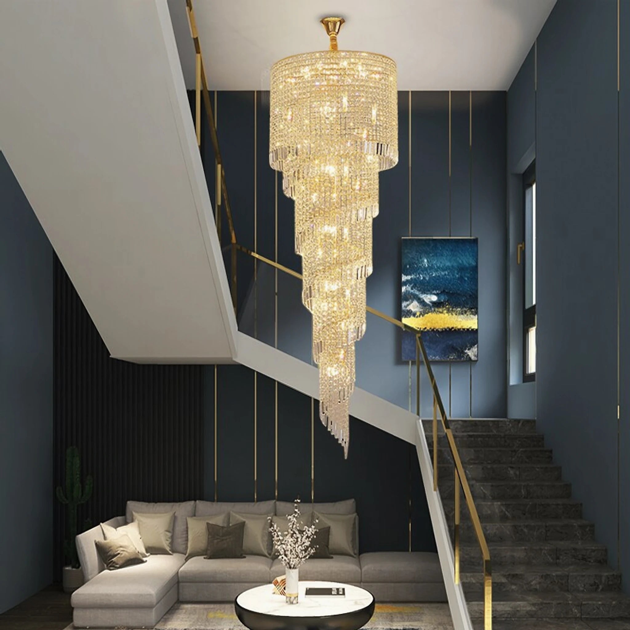 Crystal Chandelier Spiral Tiered Design in Navy and Gold