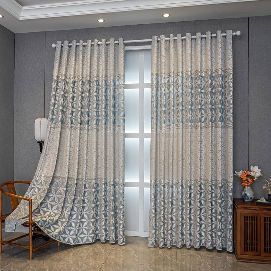 Curtains: Geometric Star Embroidered Banded Blue Panels