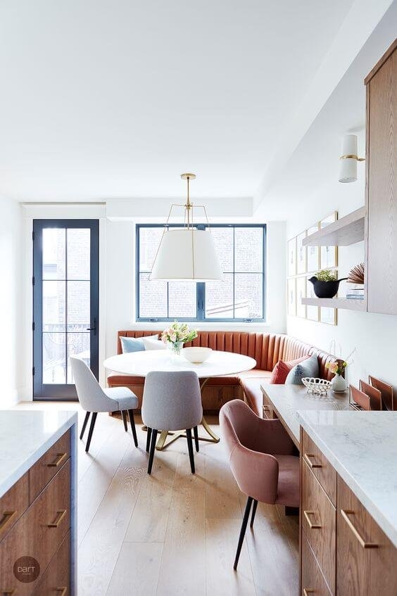 Curved Banquette: Cognac Tan with Vertical Channel Tufting