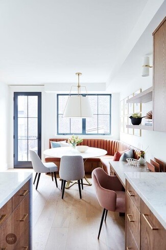 Curved Banquette: Cognac Tan with Vertical Channel Tufting