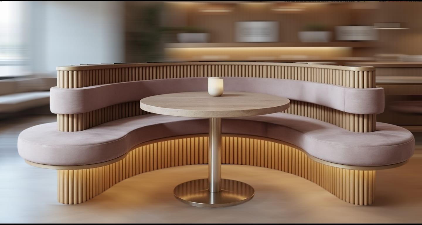 Curved Banquette: Reeded Base and Integrated Lighting Booth