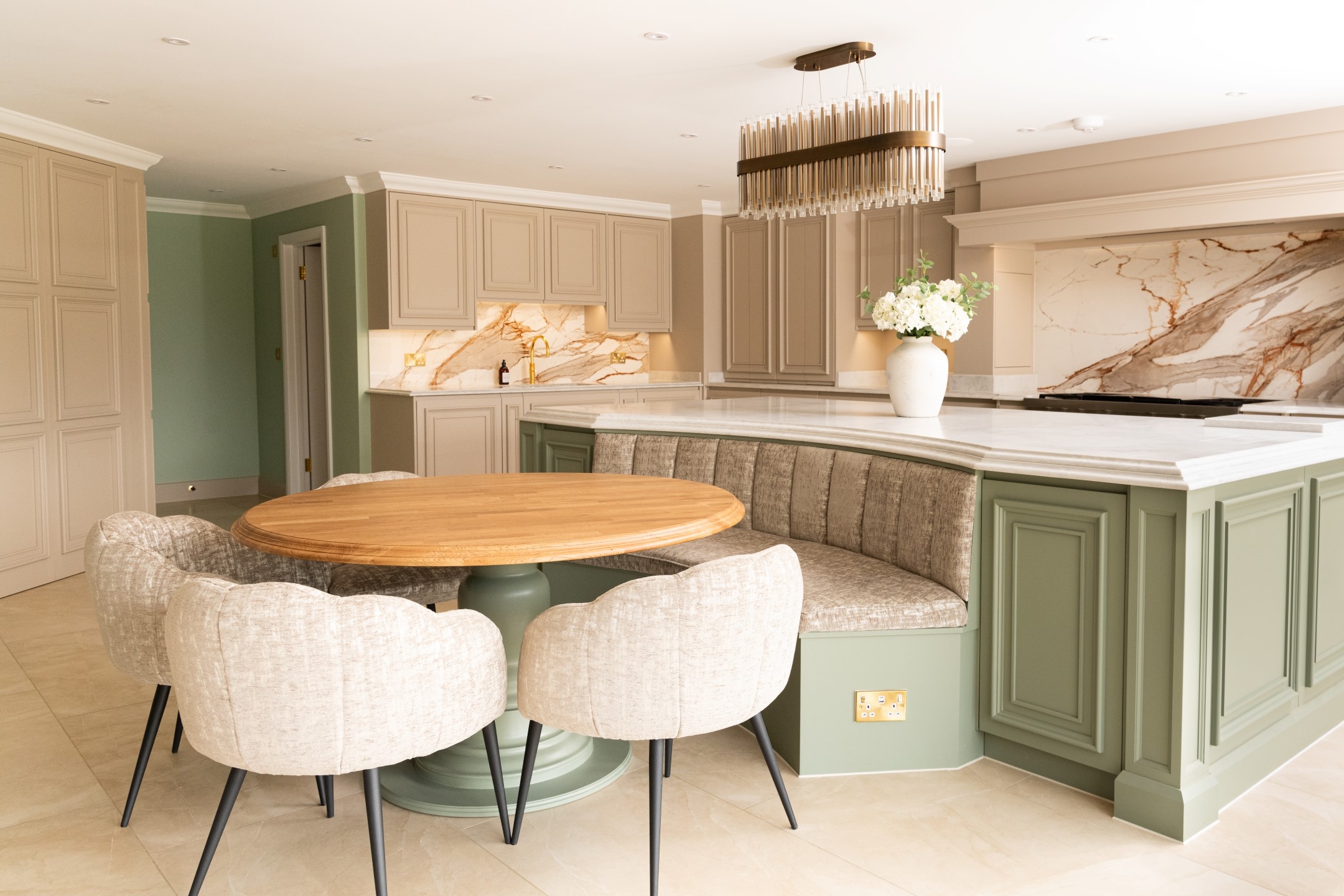 Curved Banquette: Sage Green Island and Channel Tufted Bench