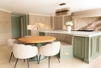 Curved Banquette: Sage Green Island and Channel Tufted Bench