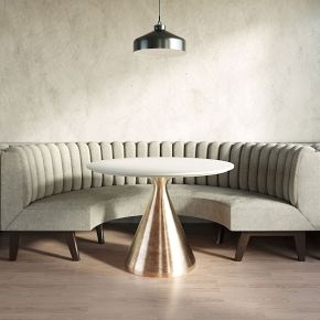 Curved Banquette: Vertical Channel Tufting with Bronze Base