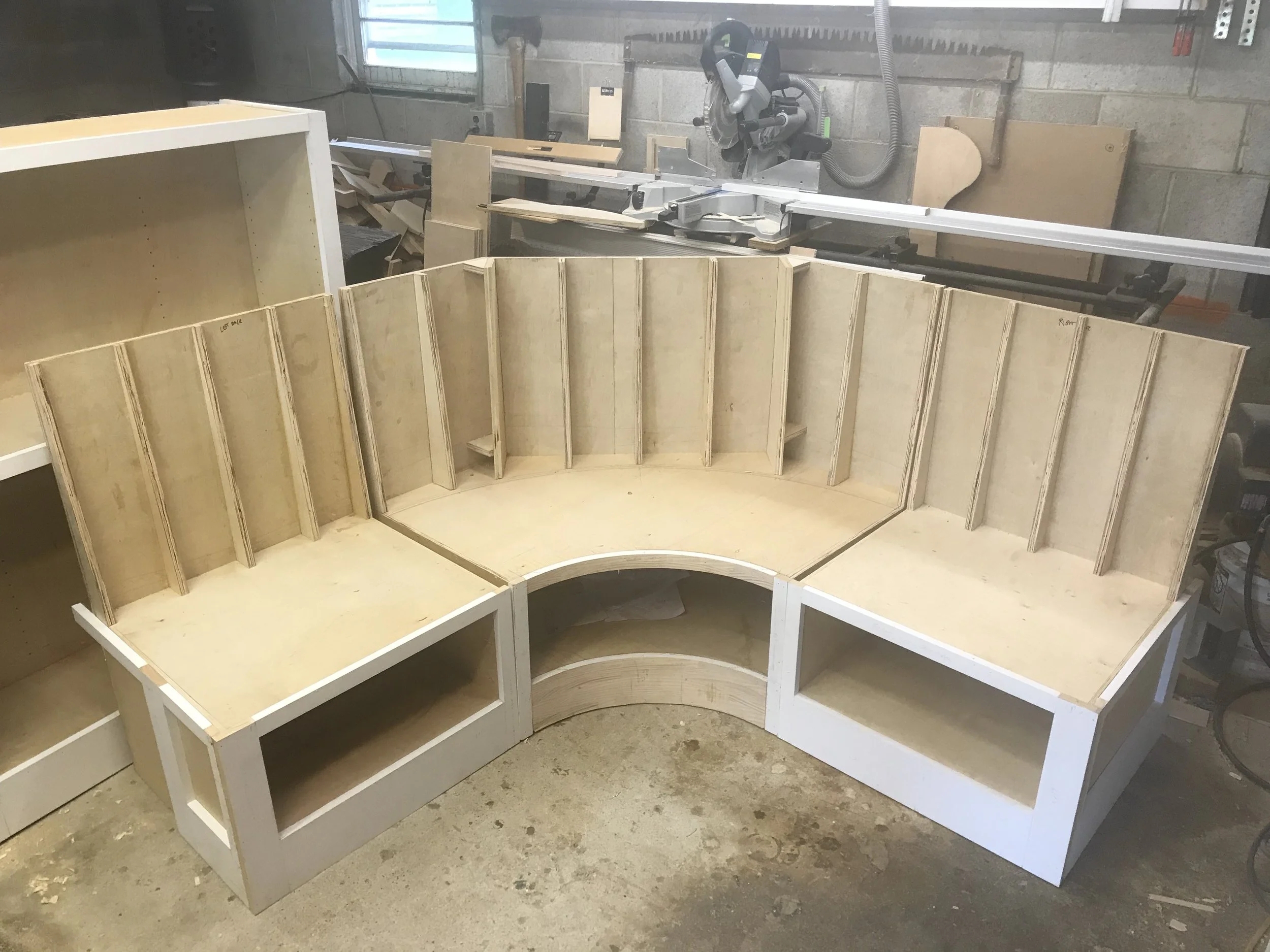 Curved Banquette: Vertical Ribbed Back Modular Storage Bench