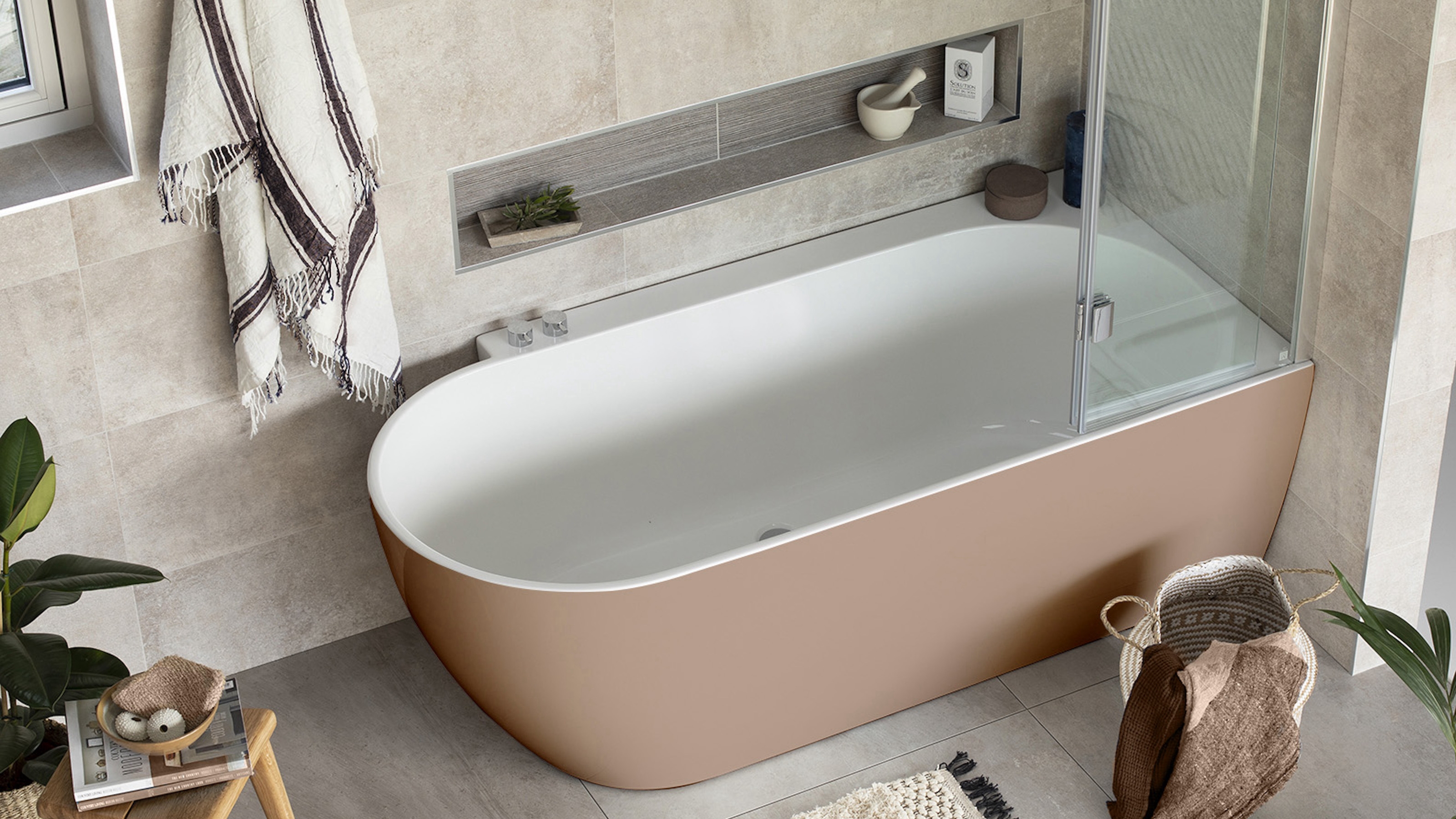 Curved Bathtub with Matte Tan Exterior and Recessed Shelf