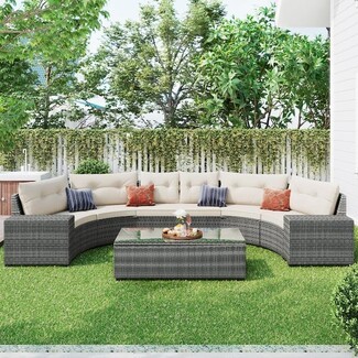 Curved Sectional Sofa: Beige Tufted Outdoor Cushions Wide Track Arms
