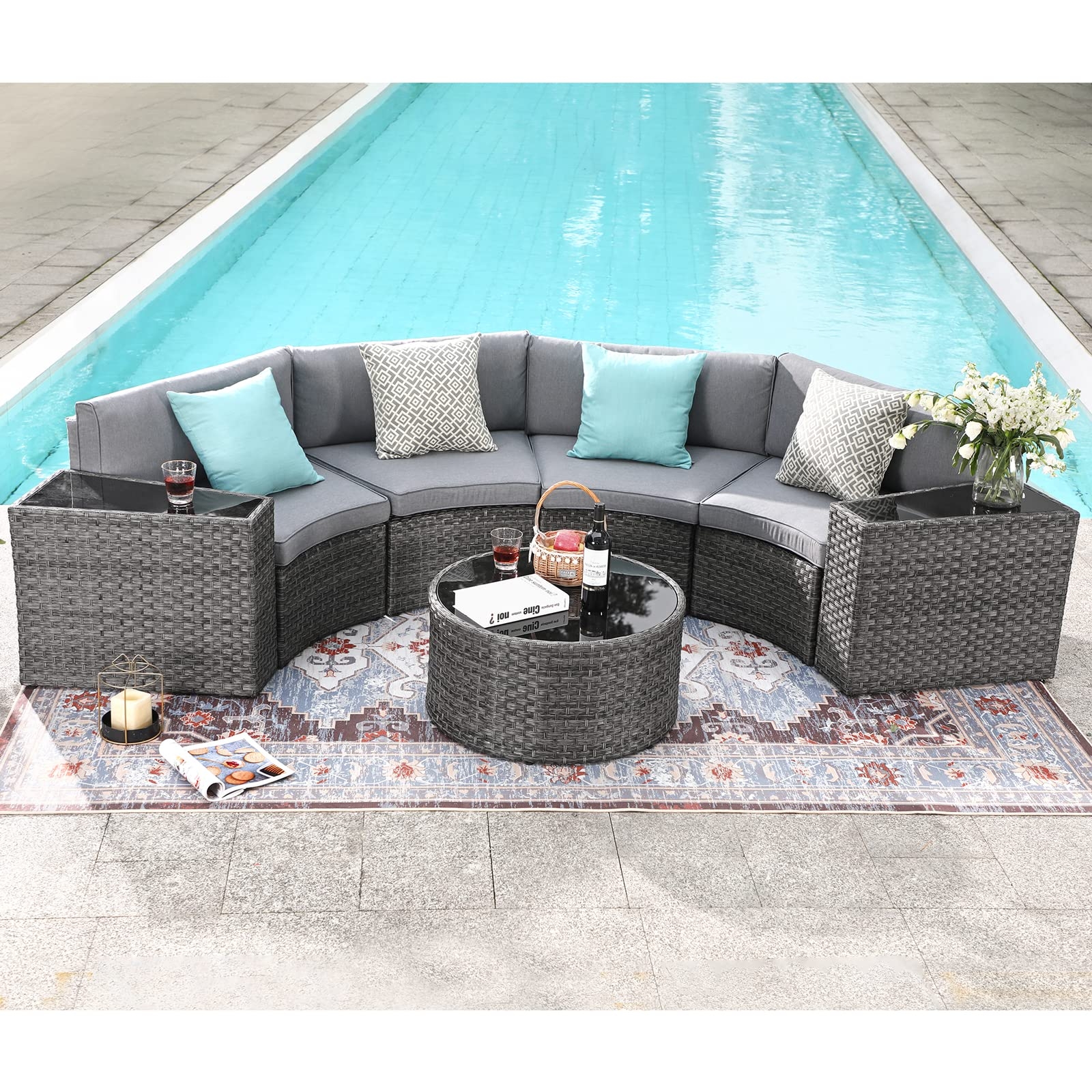 Curved Sectional Sofa: Grey Wicker Texture Half Moon Pool Deck Seating